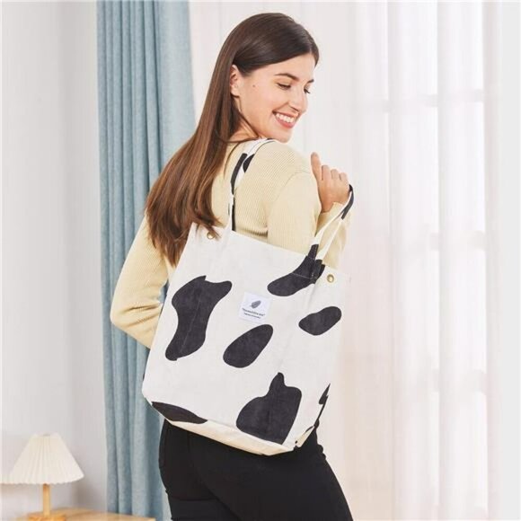 Corduroy Tote Bag for Women Shoulder Purse with Pocket for Work Travel Beach - Picture 6 of 8